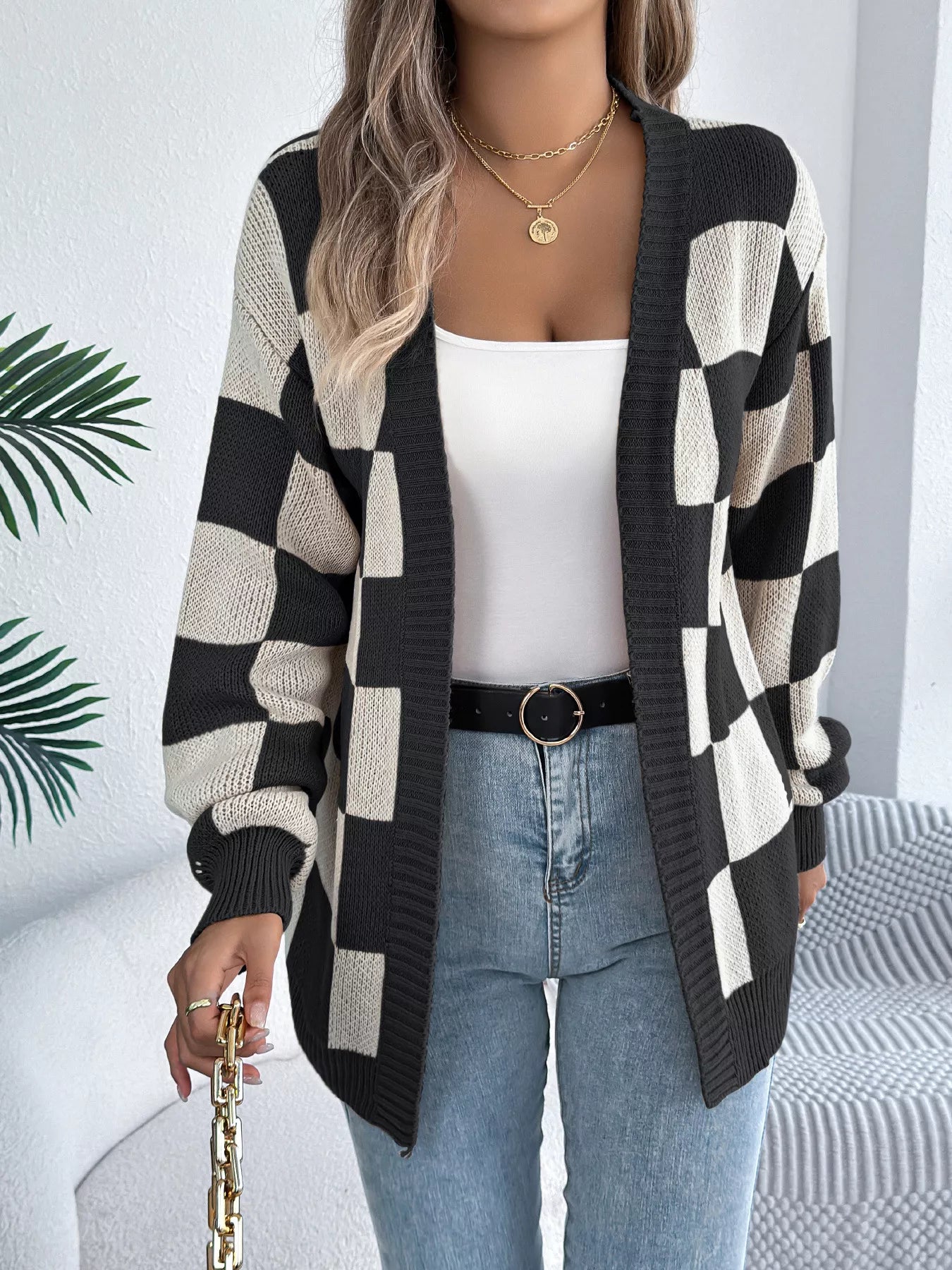 Checkered Pattern Open Front Cardigan - Thalia Chic