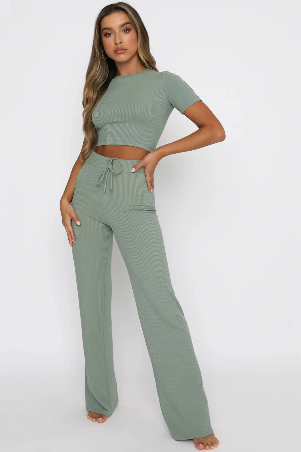 Round Neck Short Sleeve Top and Pants Set - Thalia Chic