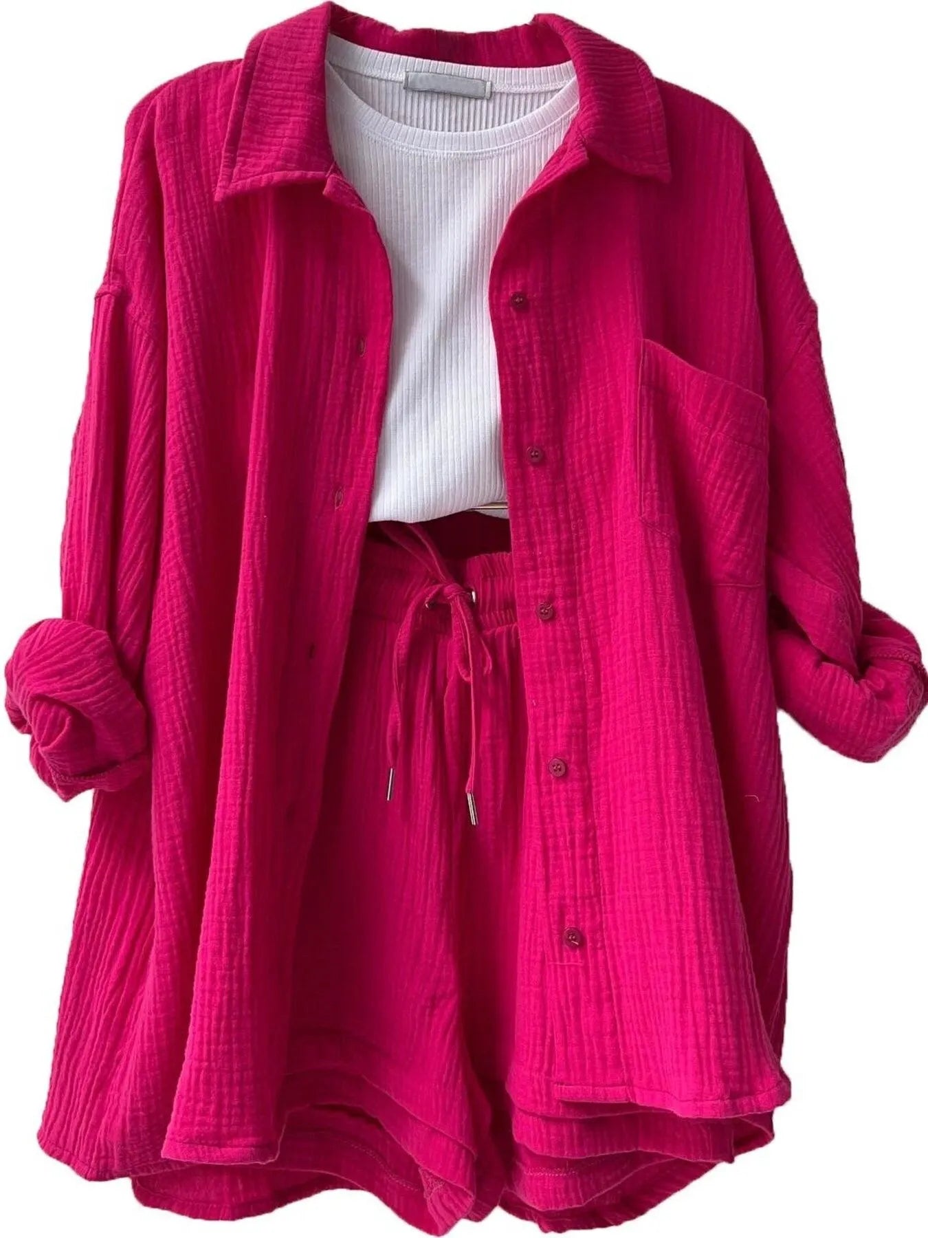 Textured Button Up Shirt and Shorts Set - Thalia Chic