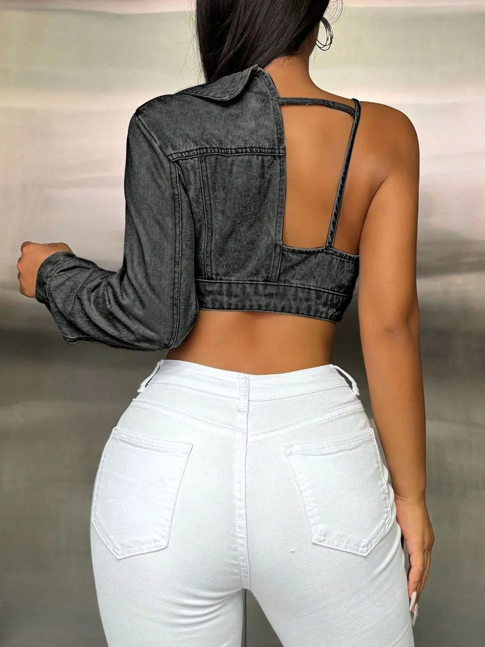 One Shoulder Long Sleeve Cropped Denim Top - Thalia Chic