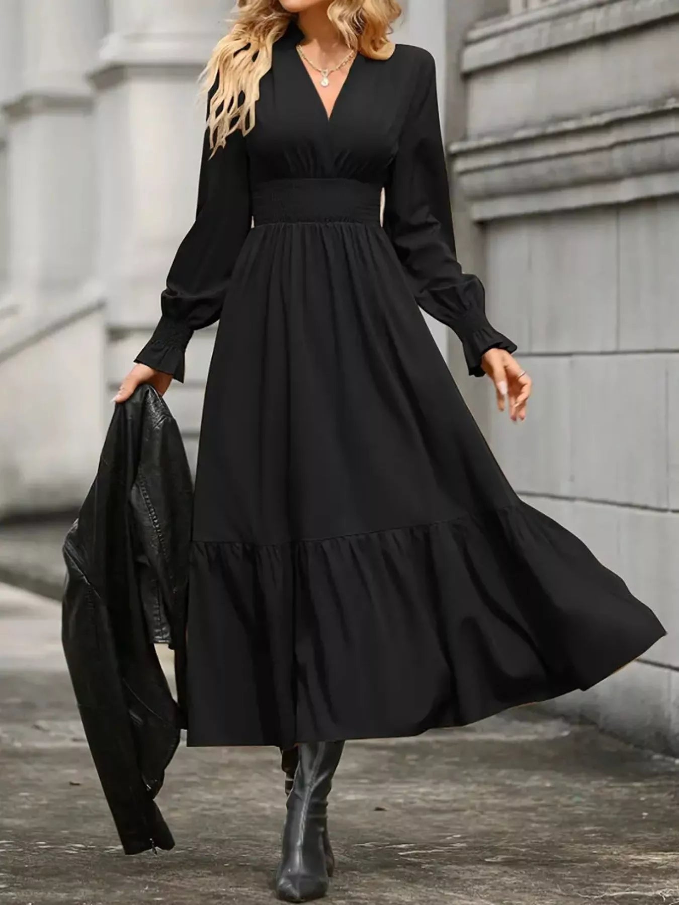 Surplice Long Sleeve Tiered Midi Dress - Thalia Chic