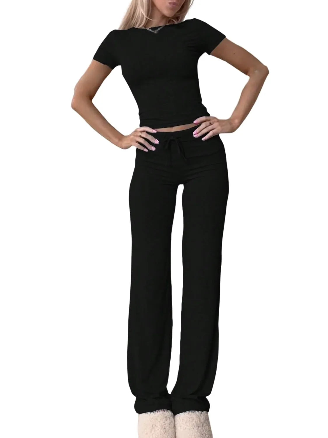 Round Neck Short Sleeve Top and Pants Set - Thalia Chic