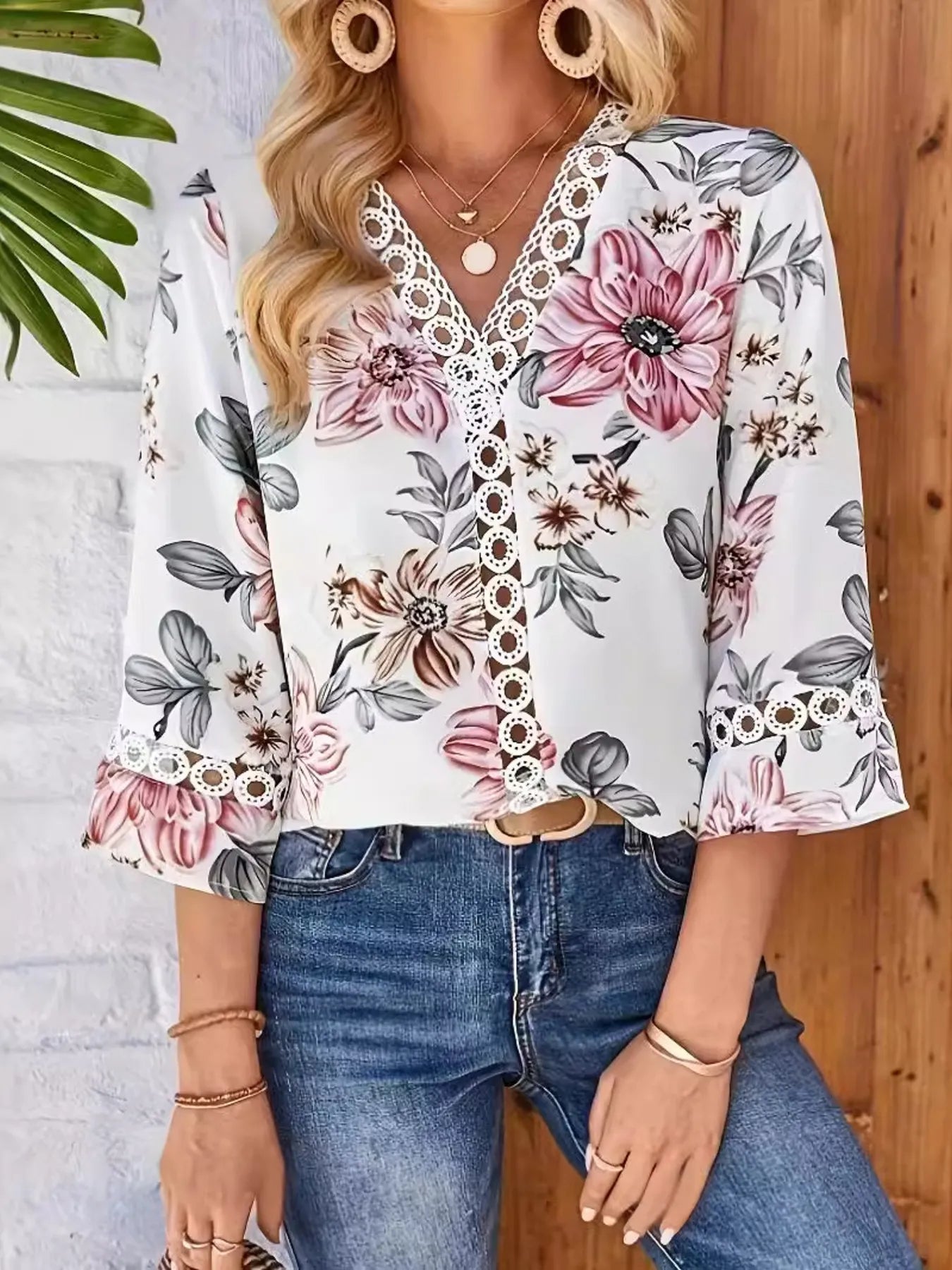 Floral Print V-Neck Blouse - Thalia Chic