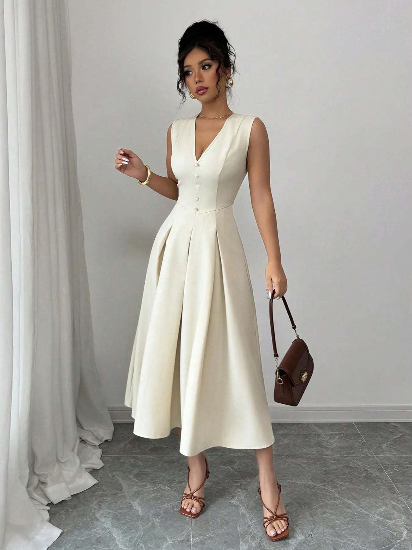 V-Neck Sleeveless Midi Dress - Thalia Chic