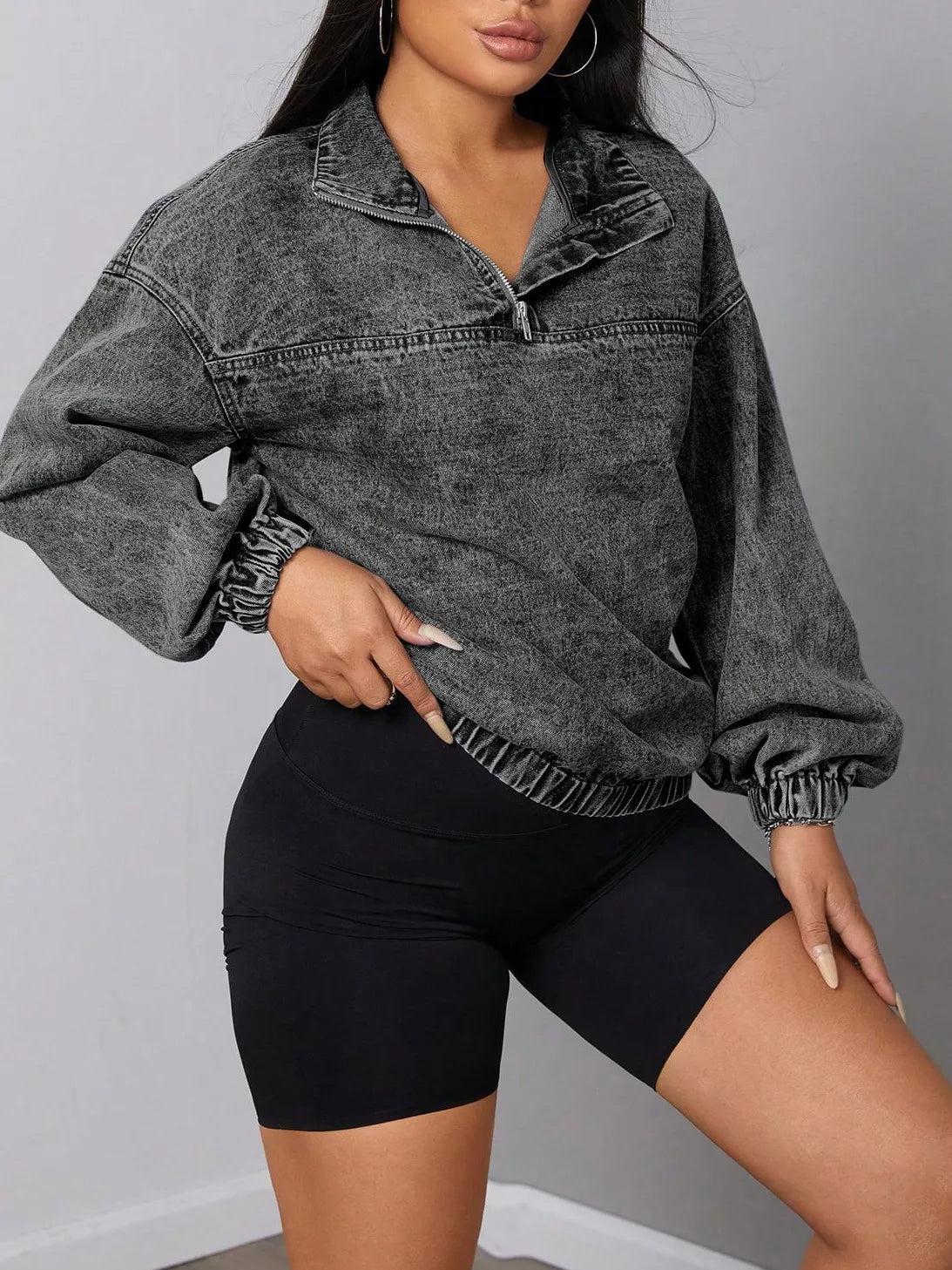 Elastic Hem Quarter Zip Denim Top - Thalia Chic