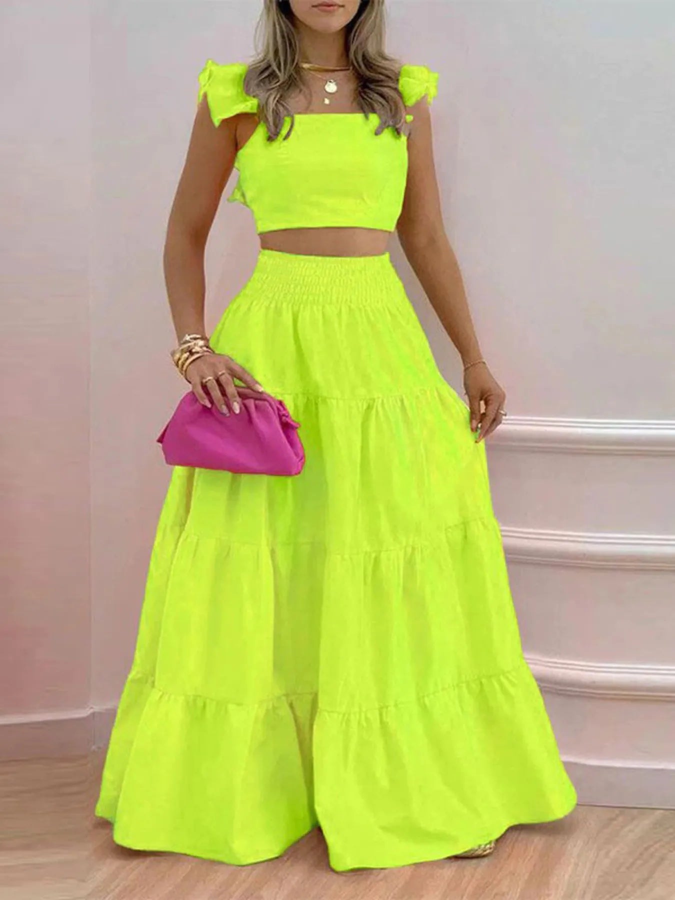 Full Size Ruffled Cami and Tiered Maxi Skirt Set Plus Size - Thalia Chic