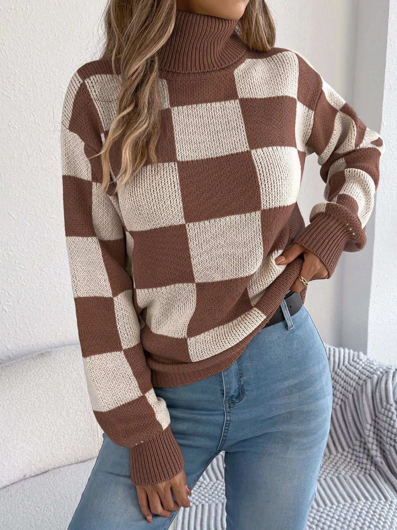 Checkered Turtleneck Long Sleeve Sweater - Thalia Chic