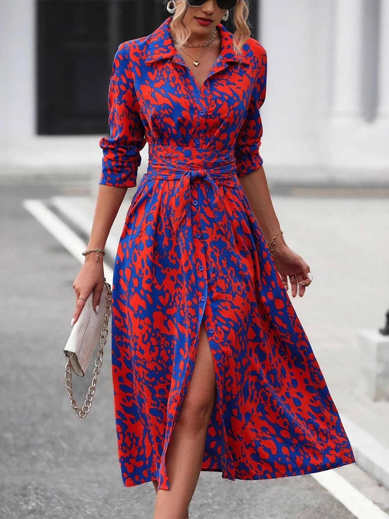 Printed Long Sleeve Shirt Dress - Thalia Chic
