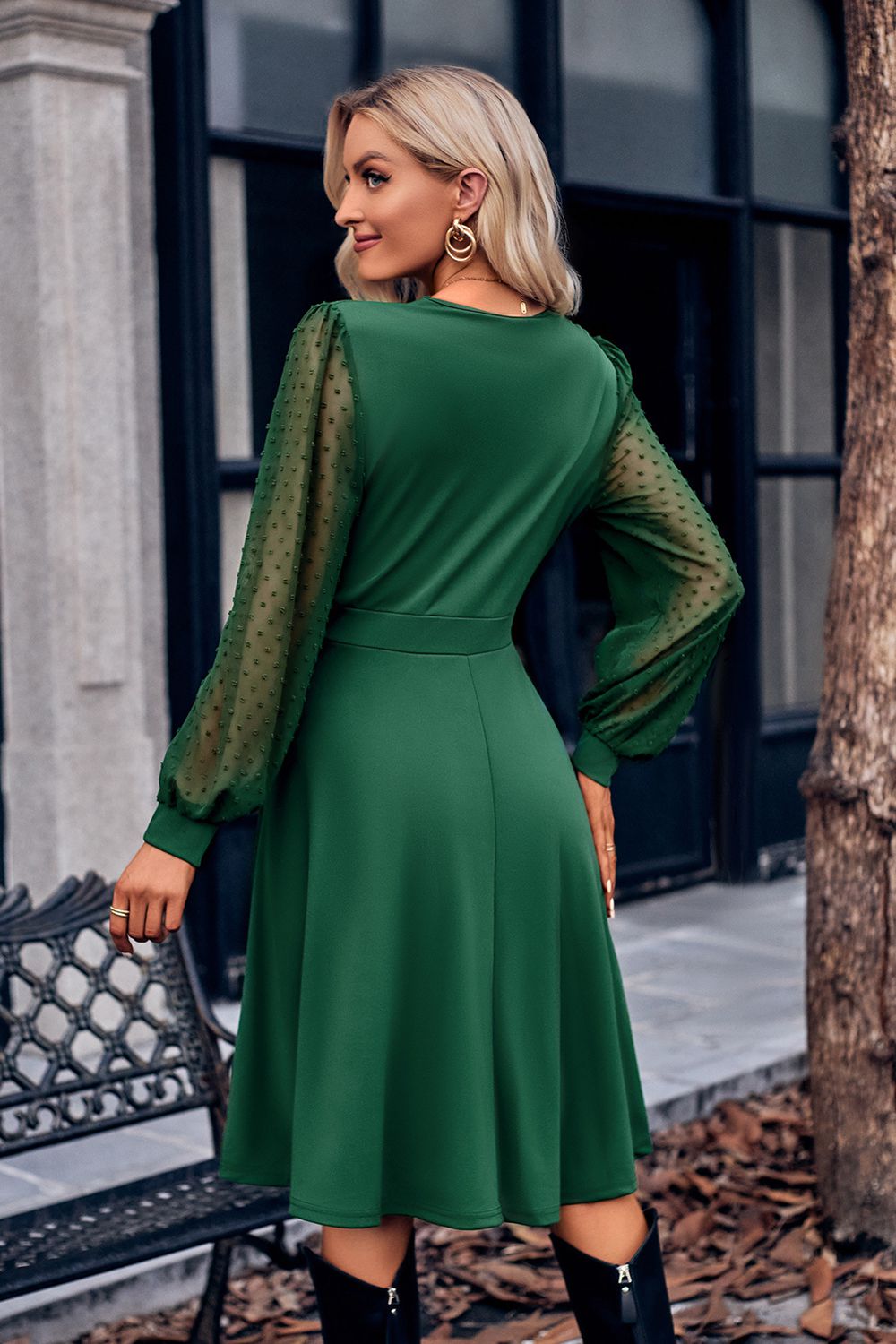 Surplice Neck Swiss Dot Long Sleeve Dress - Thalia Chic