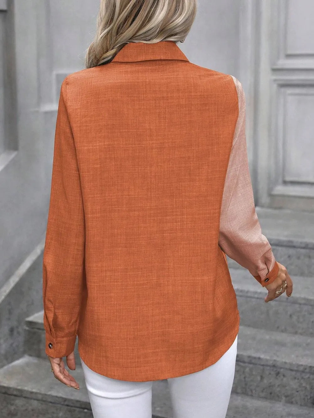 Contrast Collared Neck Long Sleeve Shirt - Thalia Chic