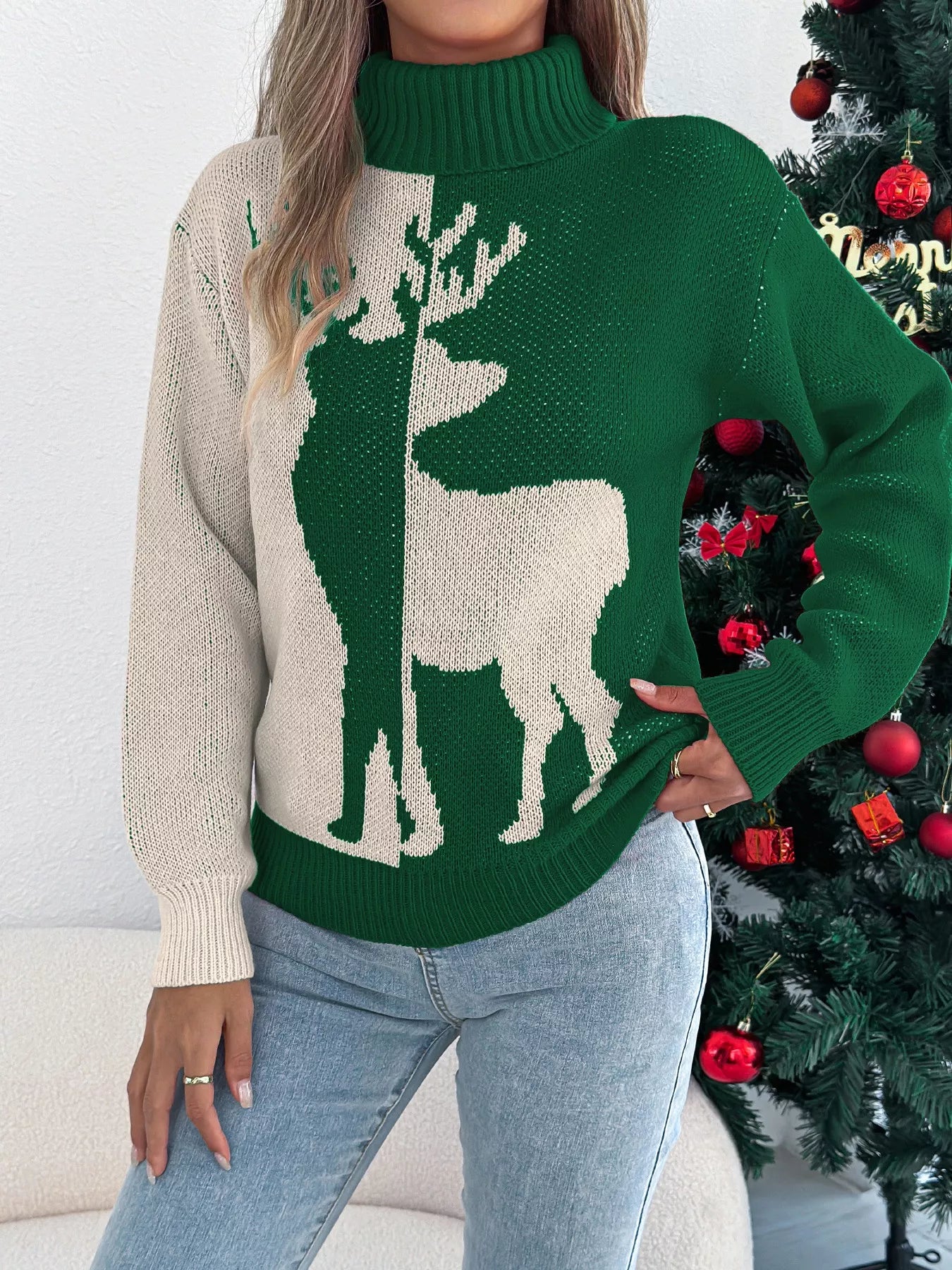 Christmas Reindeer Turtleneck Sweater - Thalia Chic