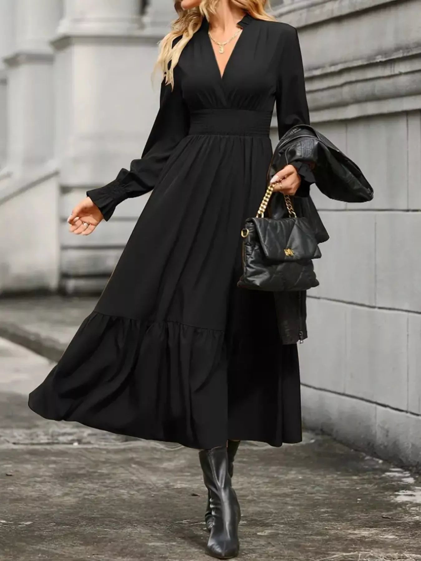 Surplice Long Sleeve Tiered Midi Dress - Thalia Chic