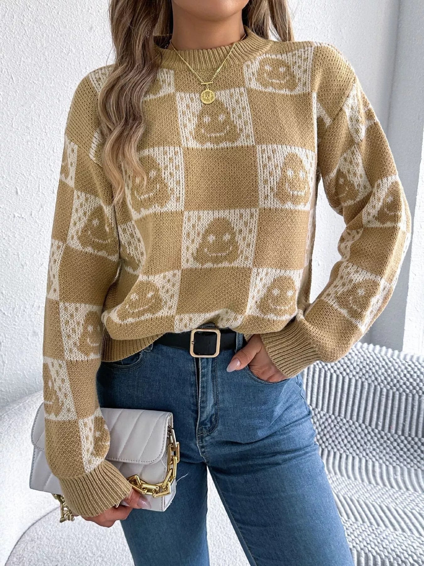 Halloween Ghost Pattern Checkered Round Neck Sweater - Thalia Chic