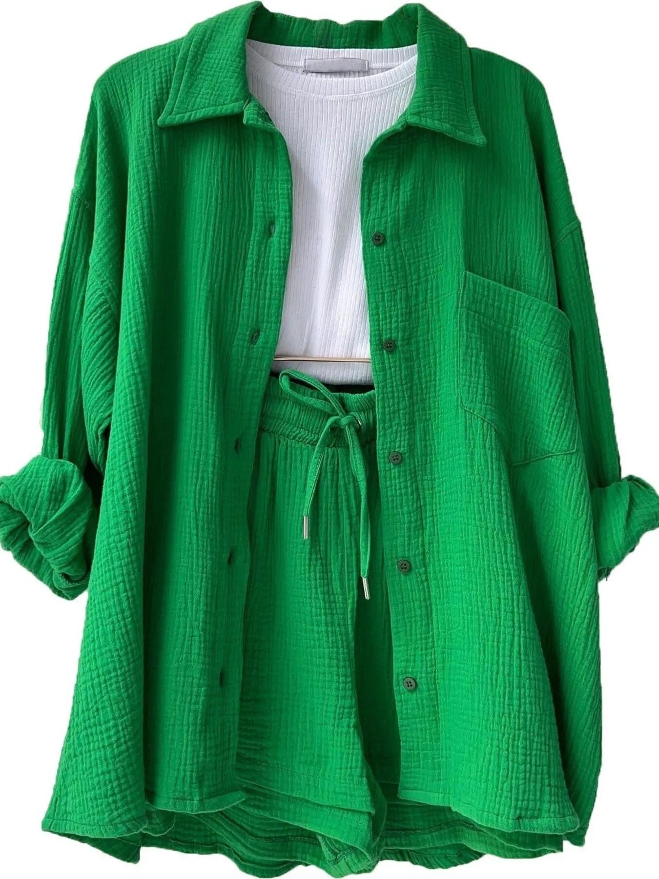 Textured Button Up Shirt and Shorts Set - Thalia Chic