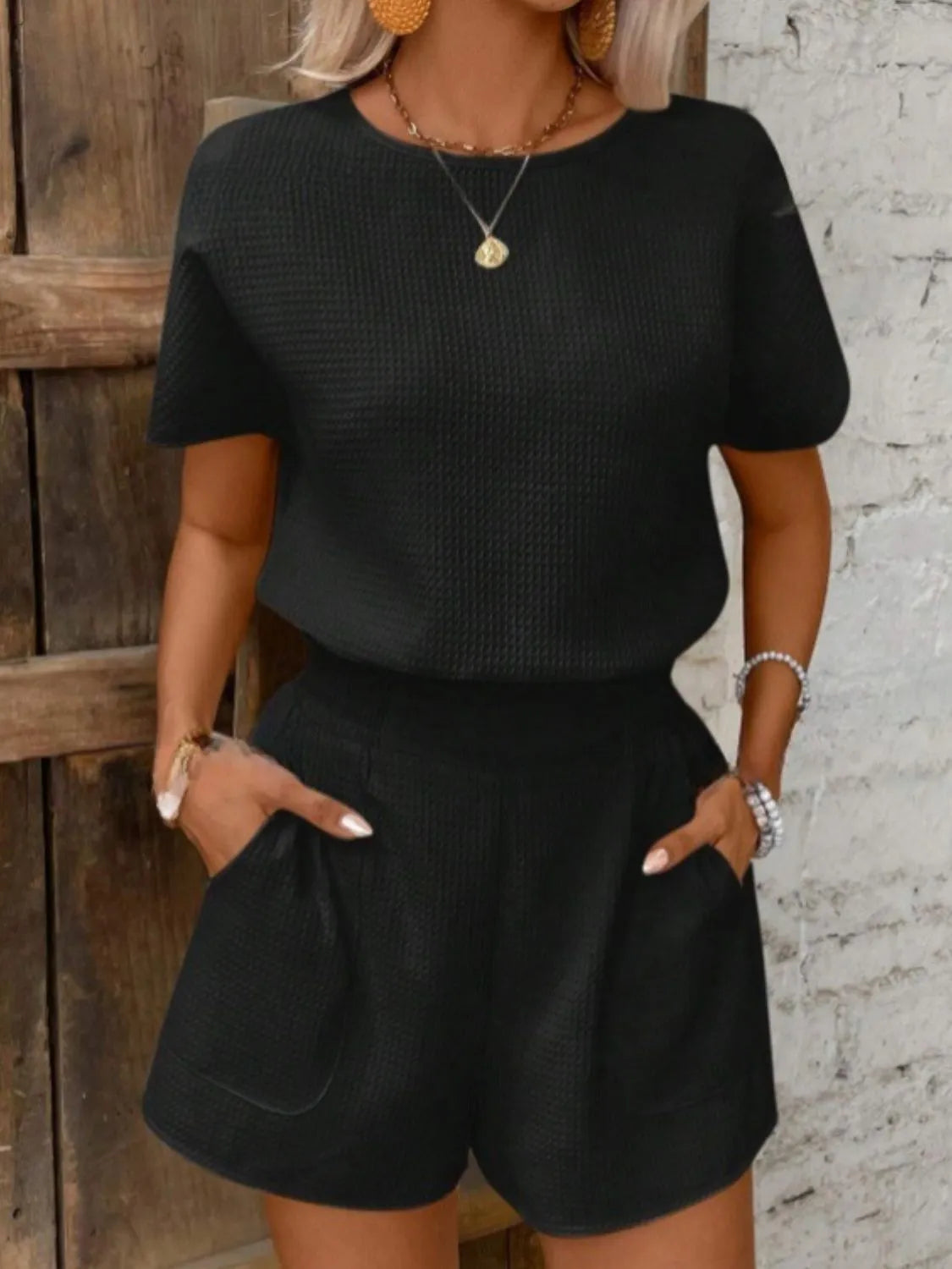 Round Neck Short Sleeve Top and Shorts Set - Thalia Chic