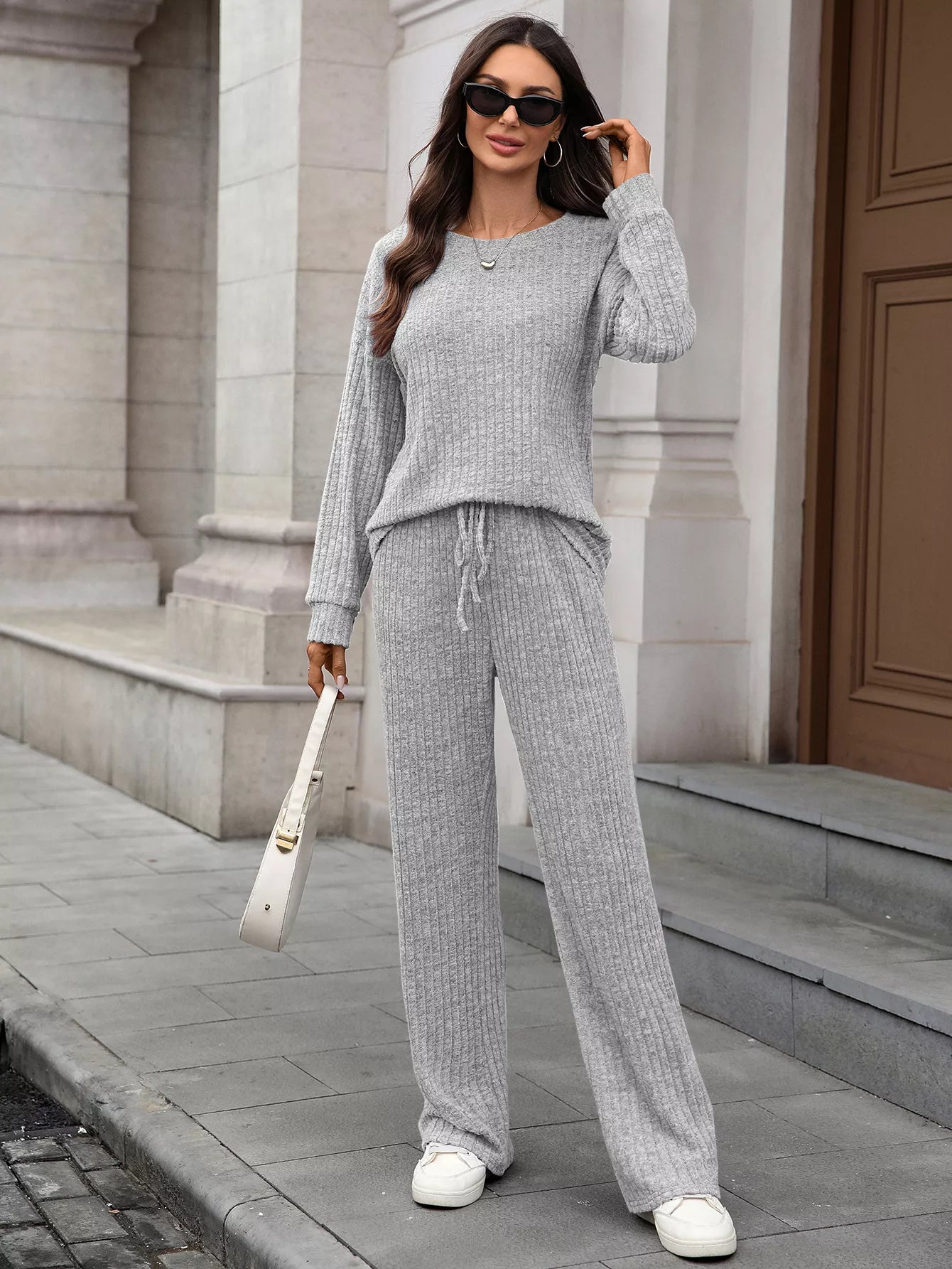 Ribbed Round Neck Top and Pants Set - Thalia Chic