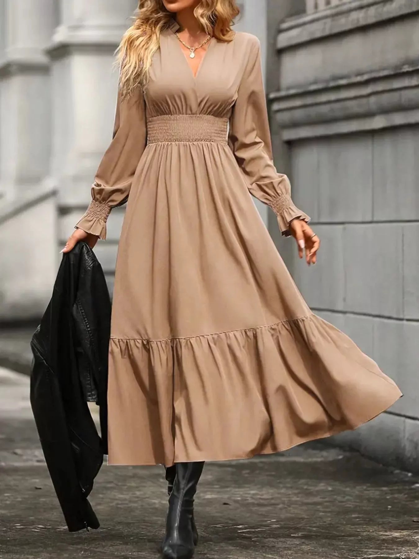 Surplice Long Sleeve Tiered Midi Dress - Thalia Chic