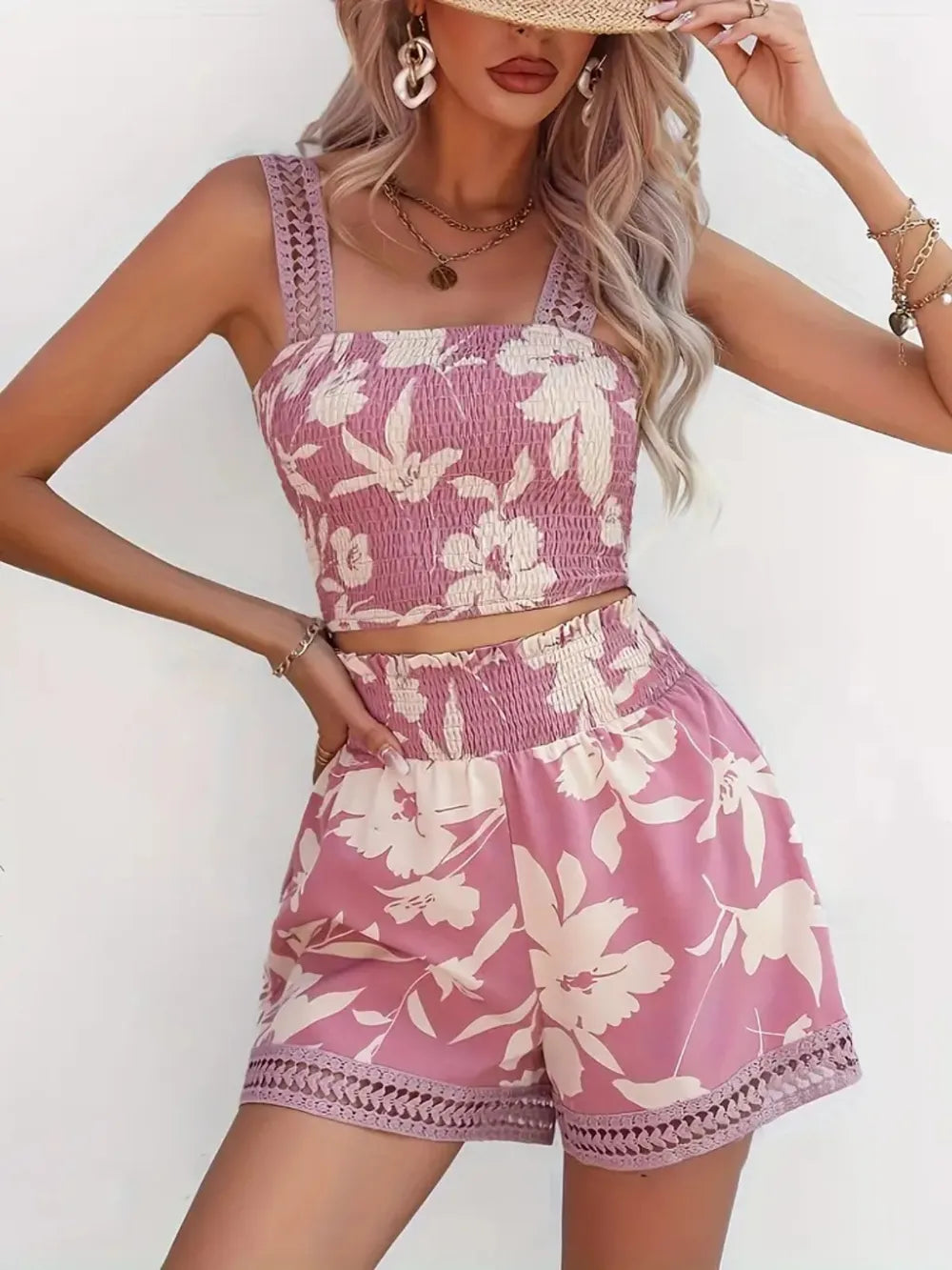 Smocked Printed Square Neck Top and Shorts Set - Thalia Chic