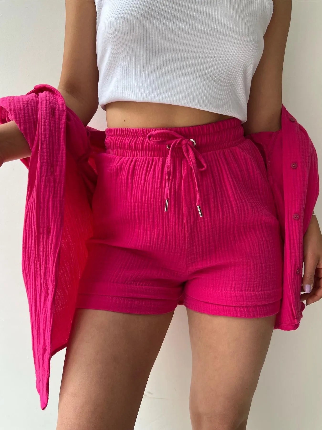 Textured Button Up Shirt and Shorts Set - Thalia Chic