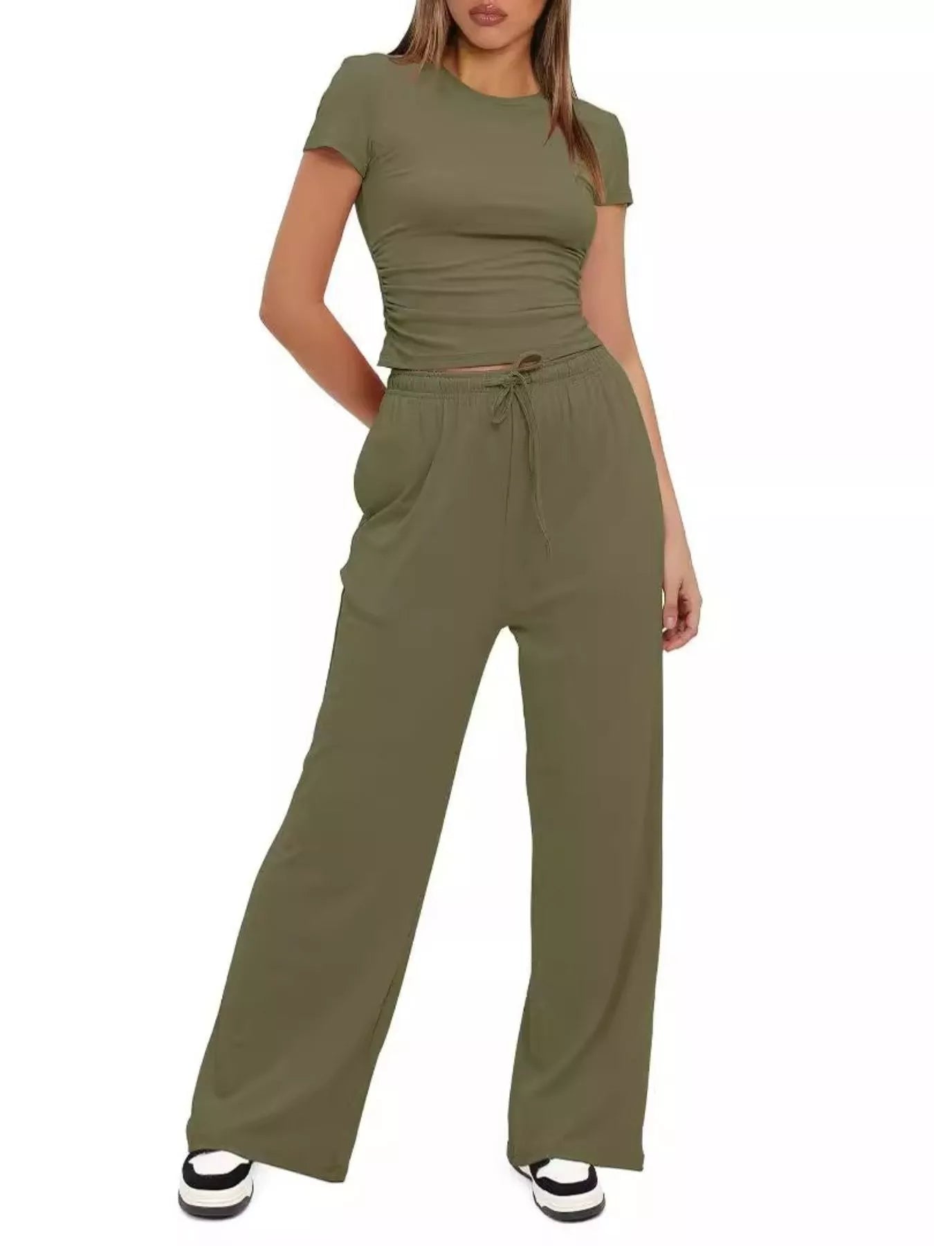 Round Neck Short Sleeve T-Shirt and Pants Set - Thalia Chic