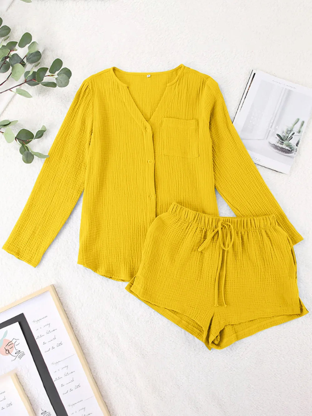 Notched Long Sleeve Top and Shorts Set - Thalia Chic