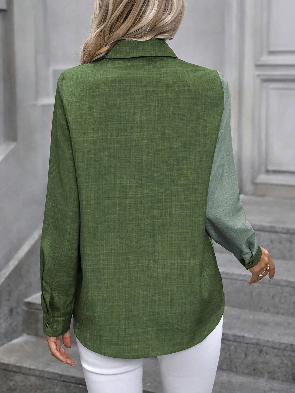 Contrast Collared Neck Long Sleeve Shirt - Thalia Chic