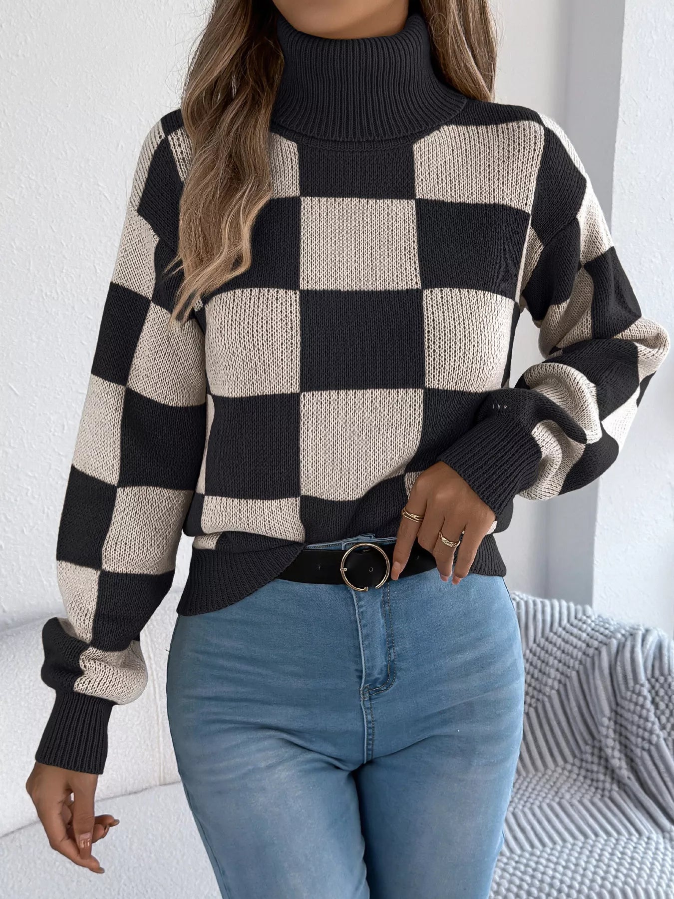Checkered Turtleneck Long Sleeve Sweater - Thalia Chic