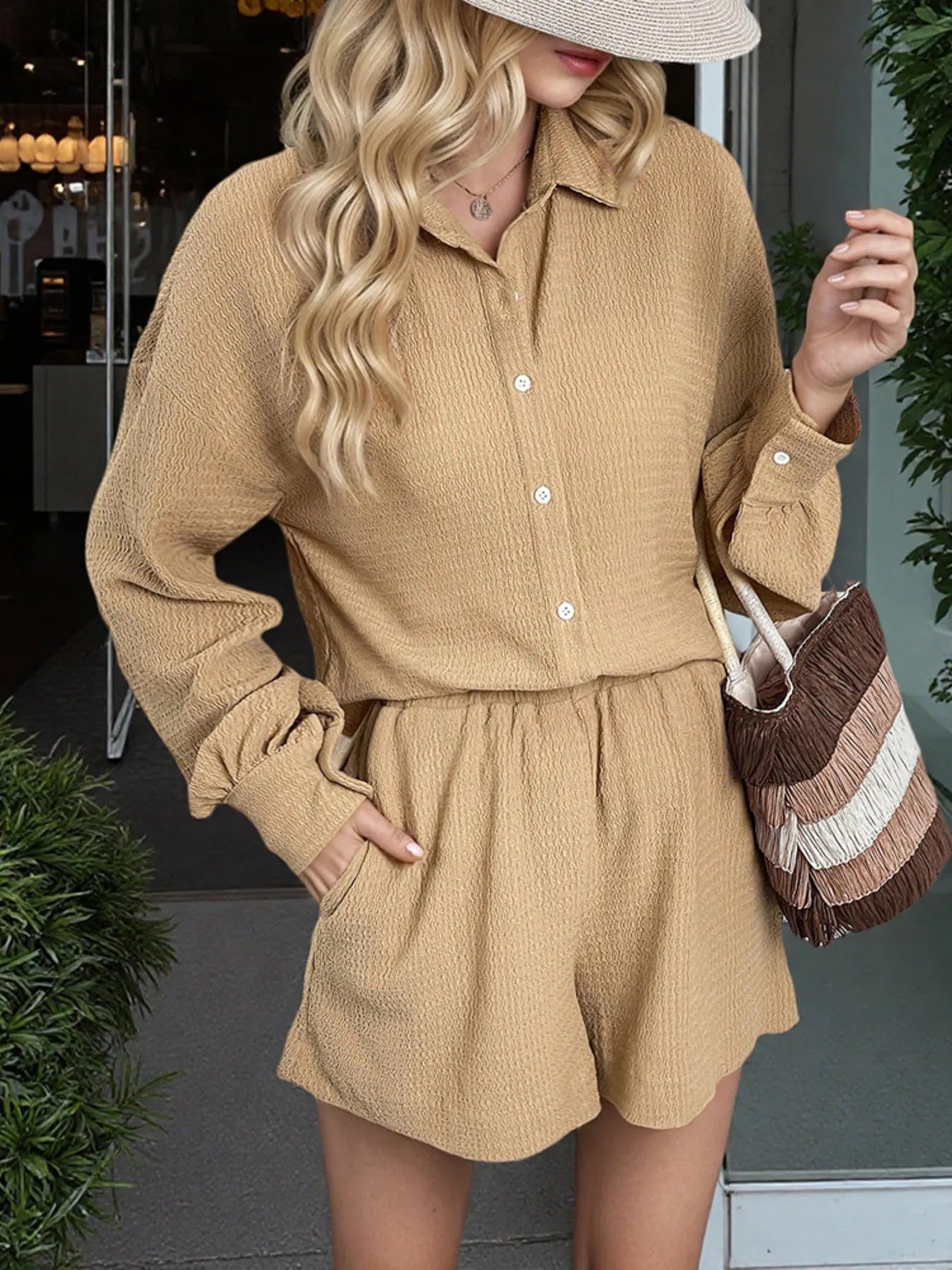 Button Up Long Sleeve Shirt and Shorts Set - Thalia Chic