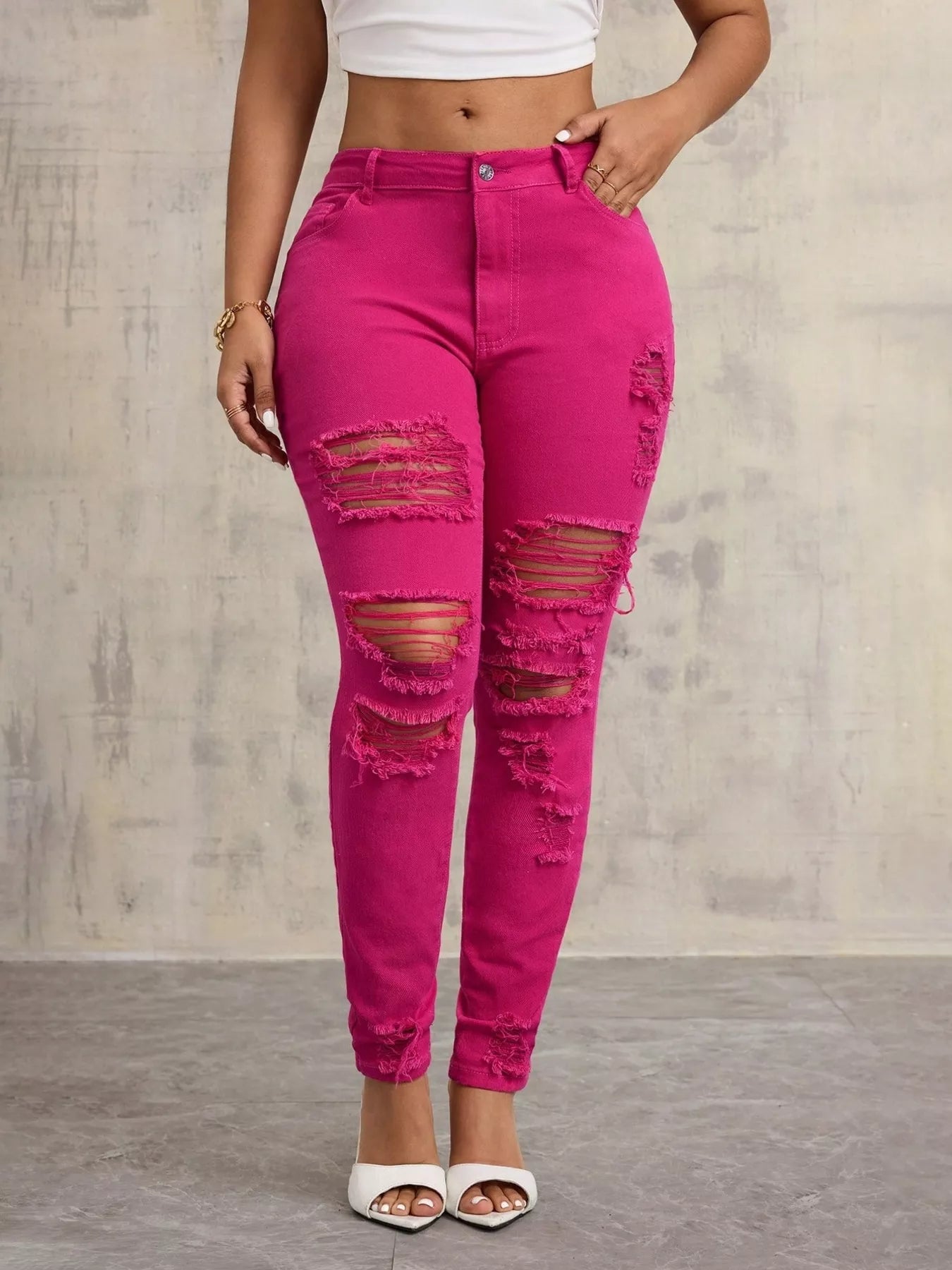 High-Waisted Distressed Skinny Jeans - Thalia Chic