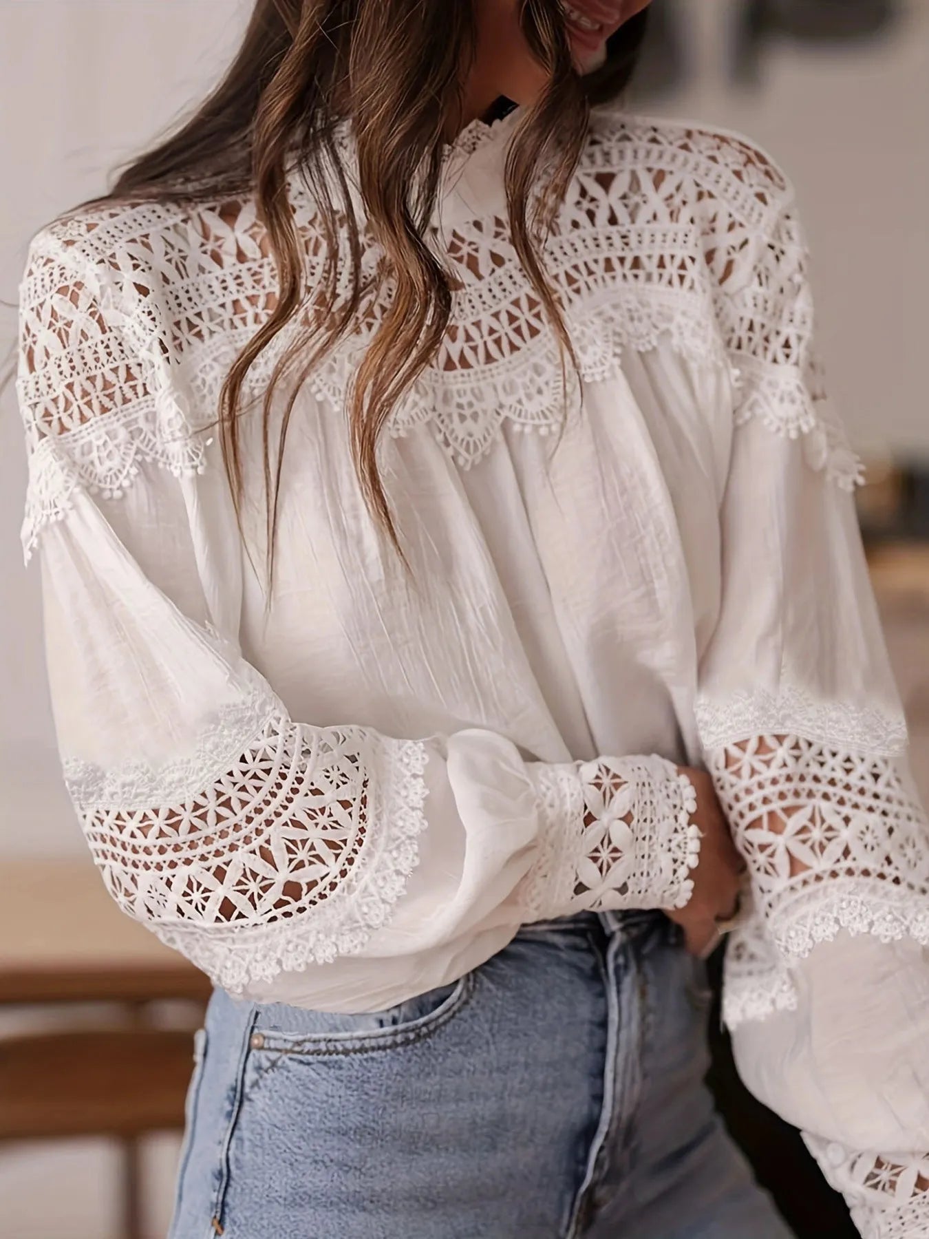 Crochet Lace Detail Long Sleeve Blouse - Thalia Chic
