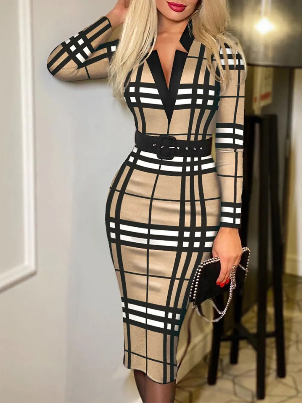 Printed Notched Long Sleeve Wrap Dress - Thalia Chic