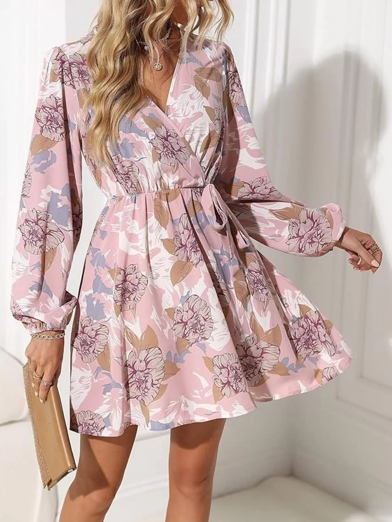 Floral Print Surplice Balloon Sleeve Dress - Thalia Chic