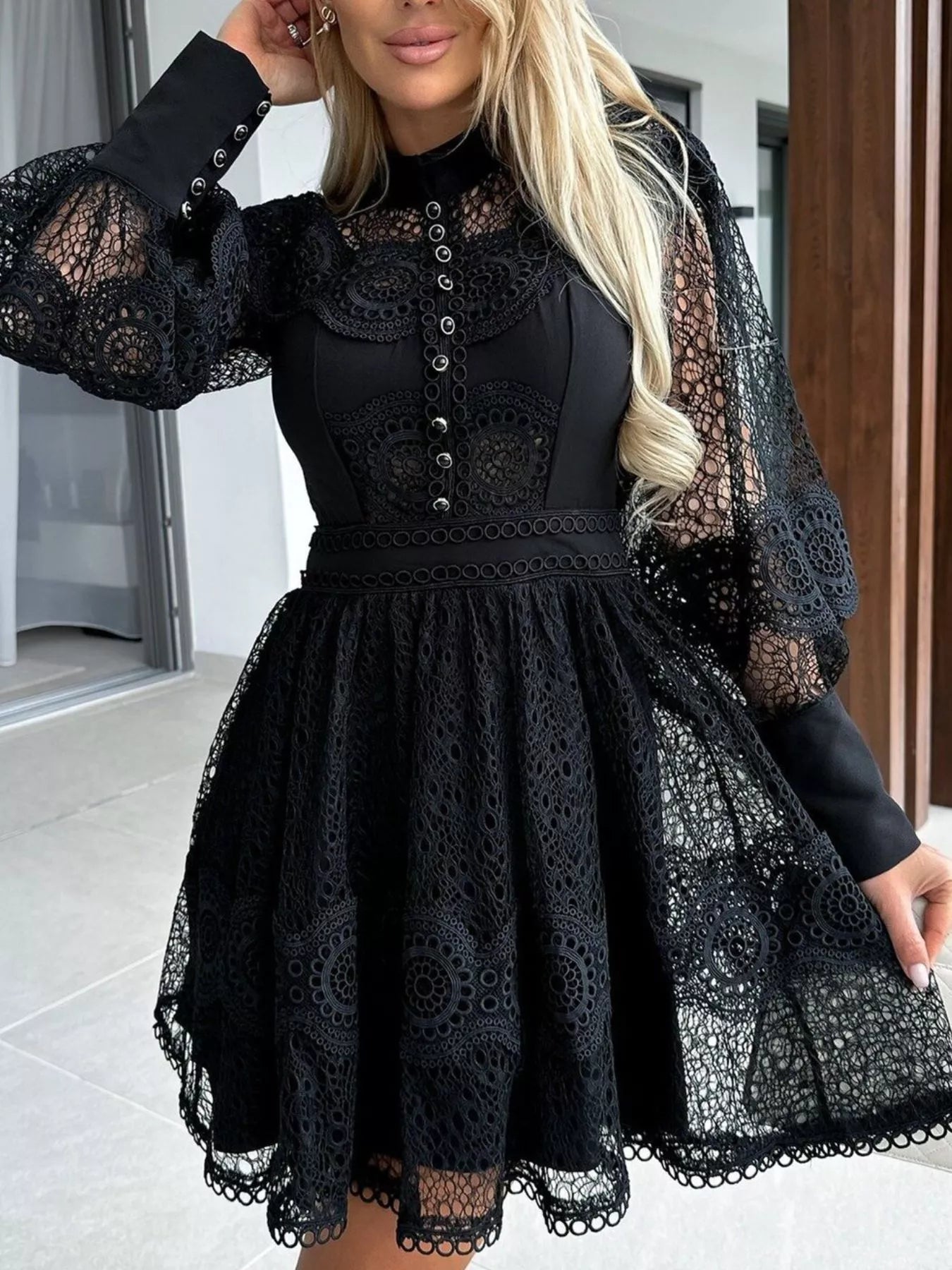 Lace Lantern Sleeve Mini Dress - Thalia Chic