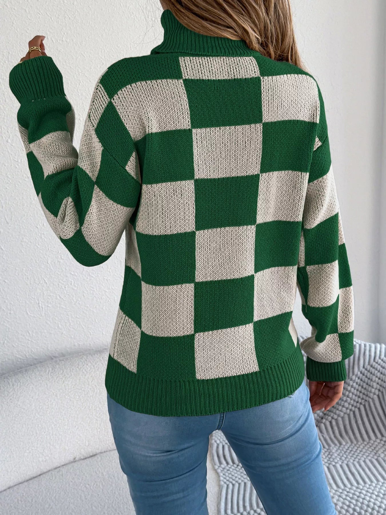 Checkered Turtleneck Long Sleeve Sweater - Thalia Chic