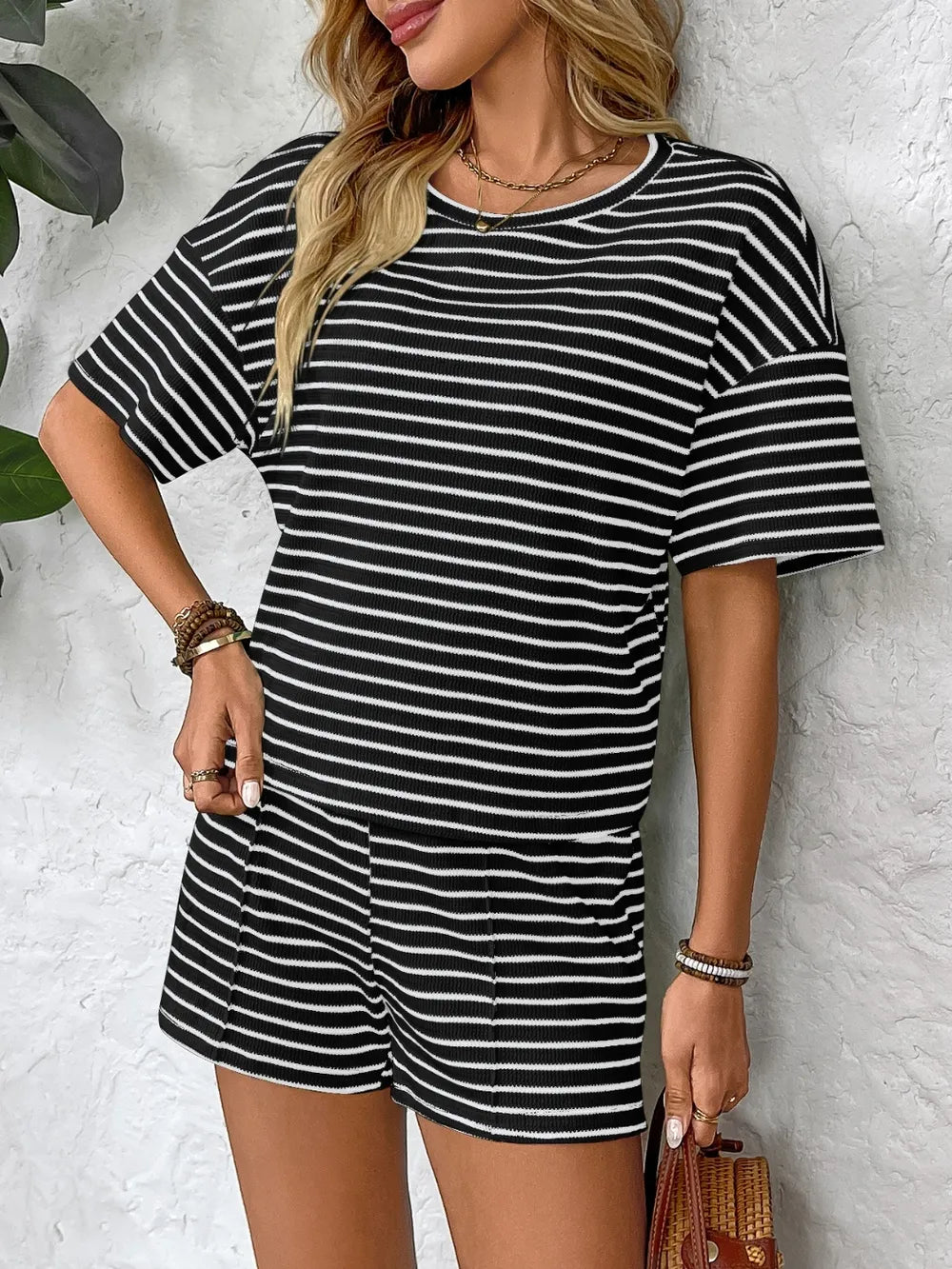Striped Round Neck Short Sleeve Top and Shorts Set - Thalia Chic