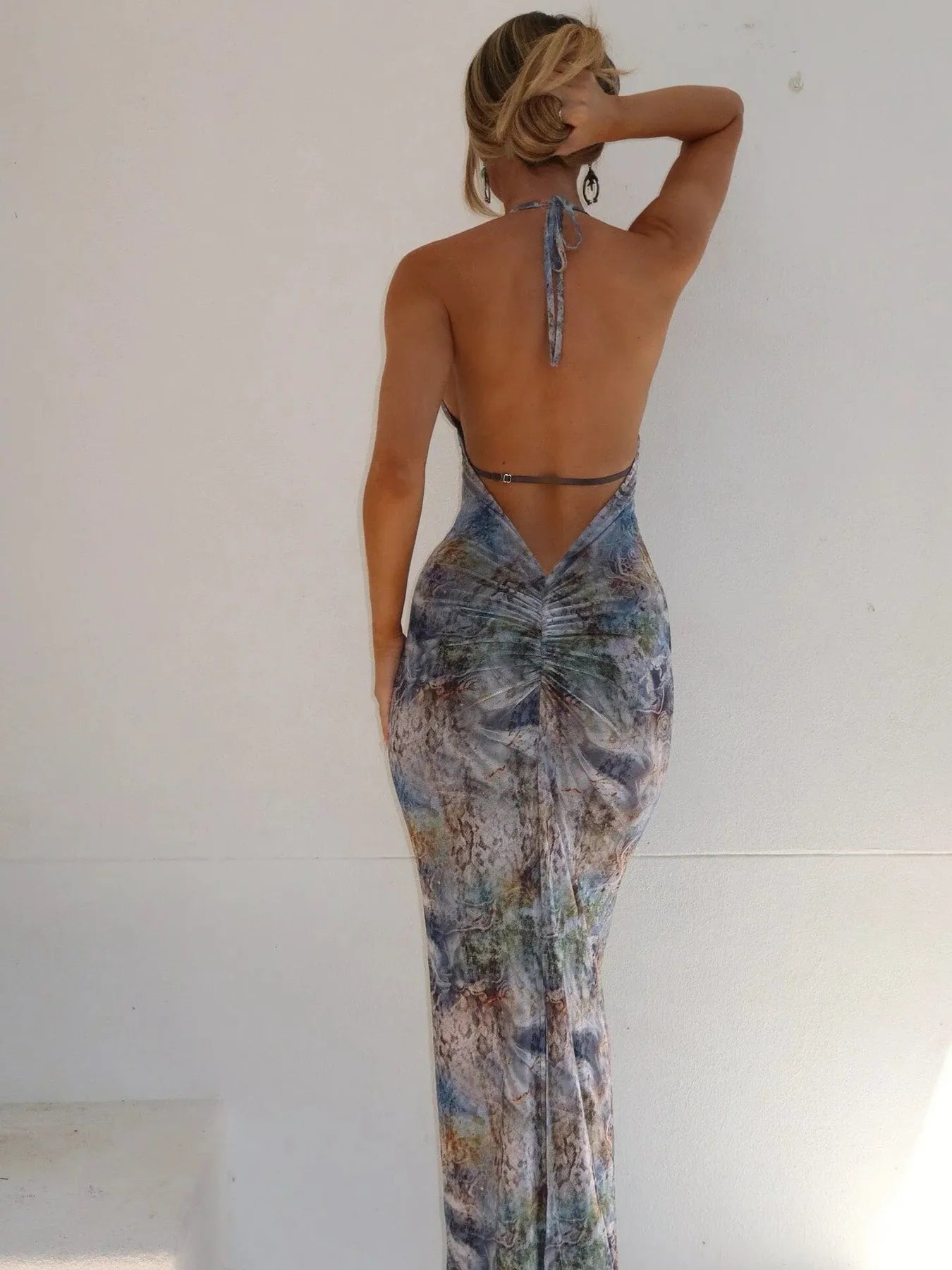 Printed V-Neck Halter Neck Maxi Dress - Thalia Chic