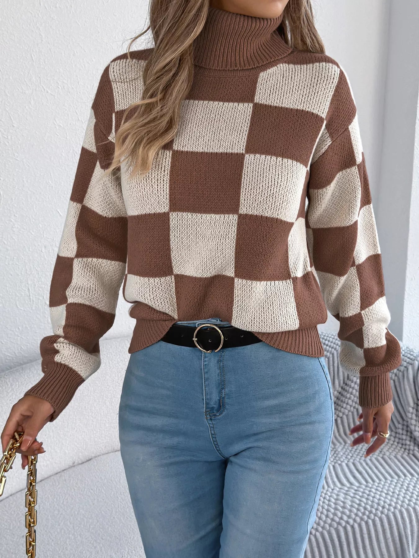 Checkered Turtleneck Long Sleeve Sweater - Thalia Chic