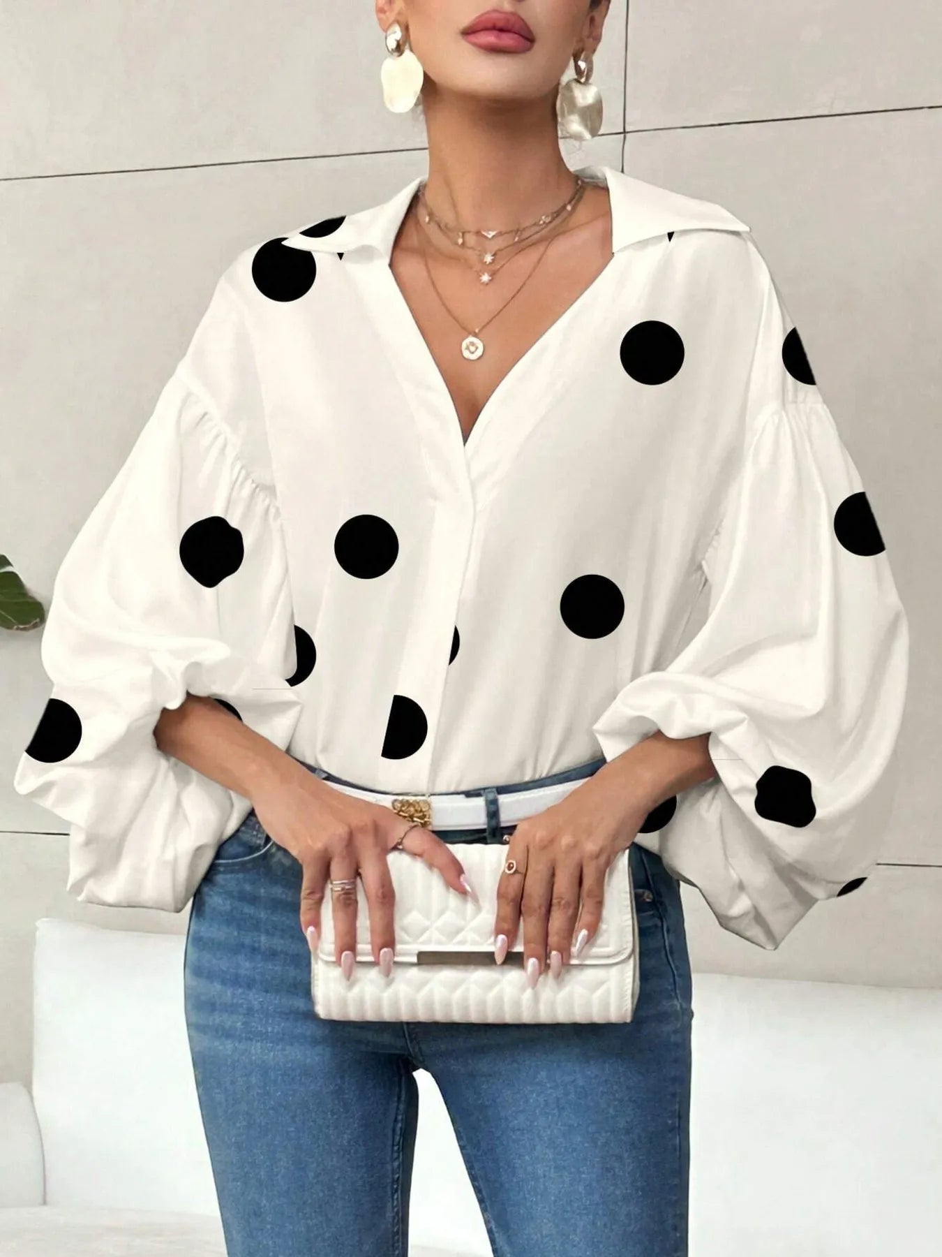 Polka Dot Balloon Sleeve Blouse - Thalia Chic