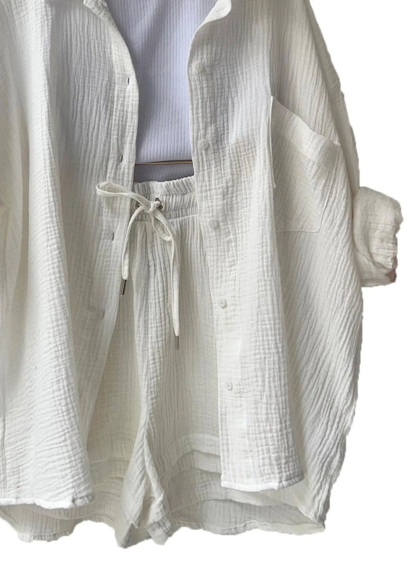 Textured Button Up Shirt and Shorts Set - Thalia Chic