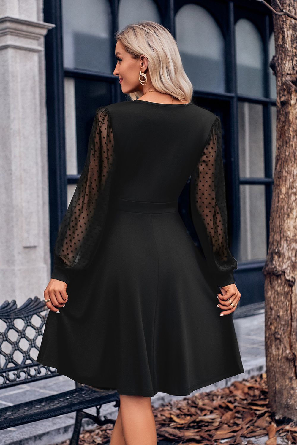 Surplice Neck Swiss Dot Long Sleeve Dress - Thalia Chic