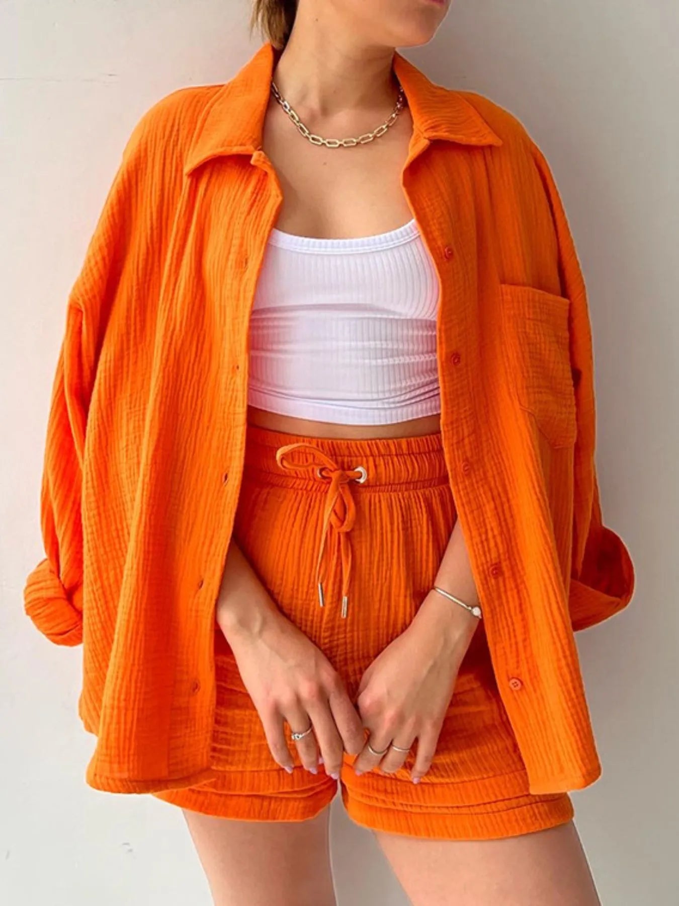 Textured Button Up Shirt and Shorts Set - Thalia Chic