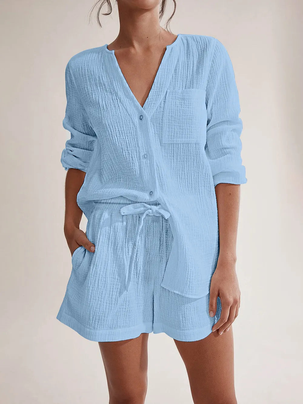 Notched Long Sleeve Top and Shorts Set - Thalia Chic