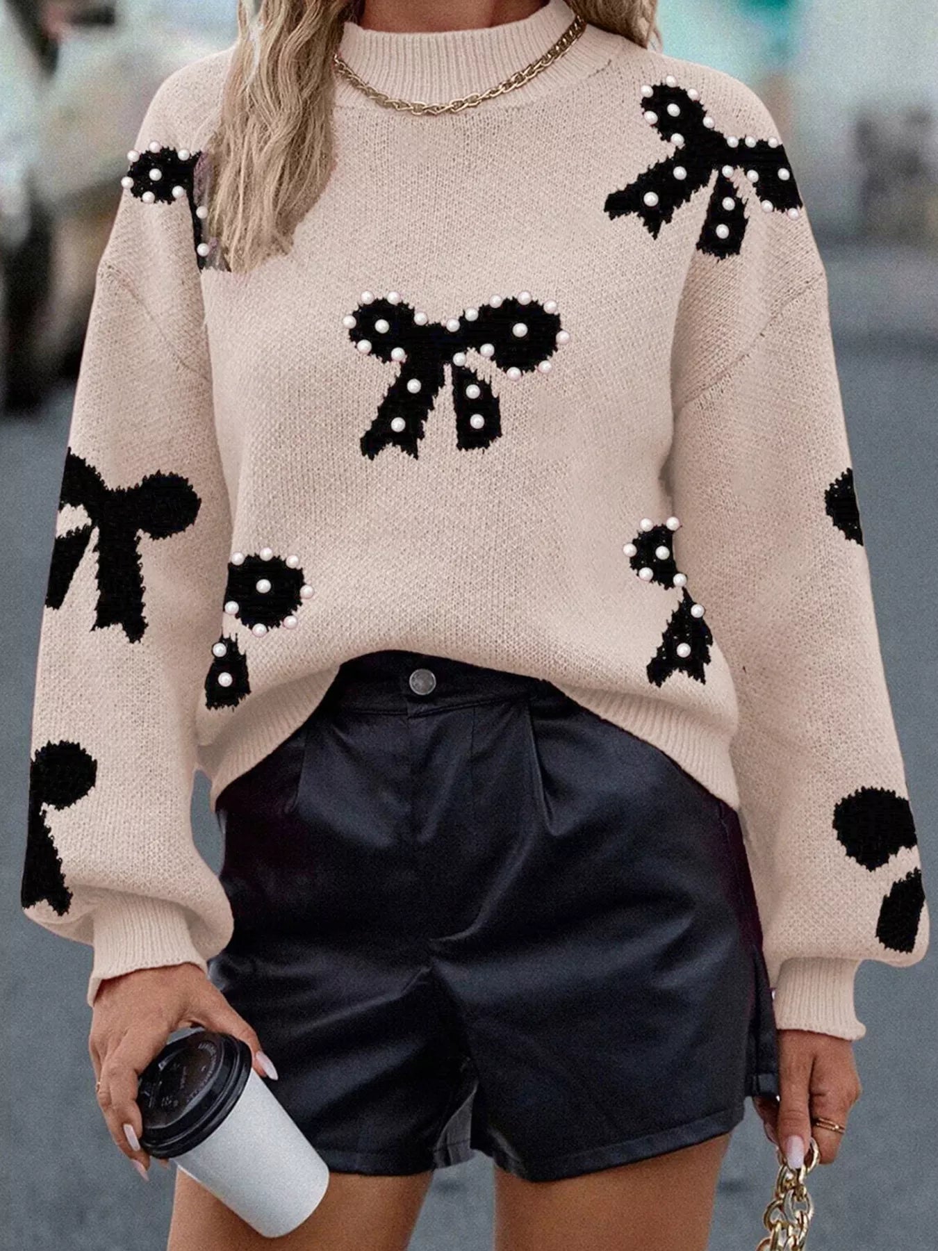 Pearl Embellished Bow Pattern Loose Sweater - Thalia Chic