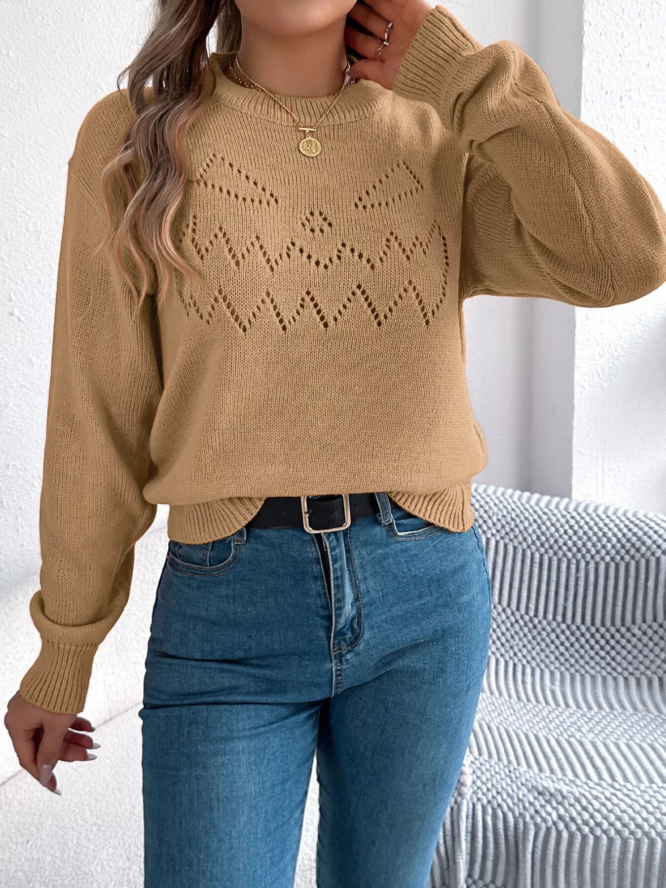 Openwork Round Neck Long Sleeve Sweater - Thalia Chic