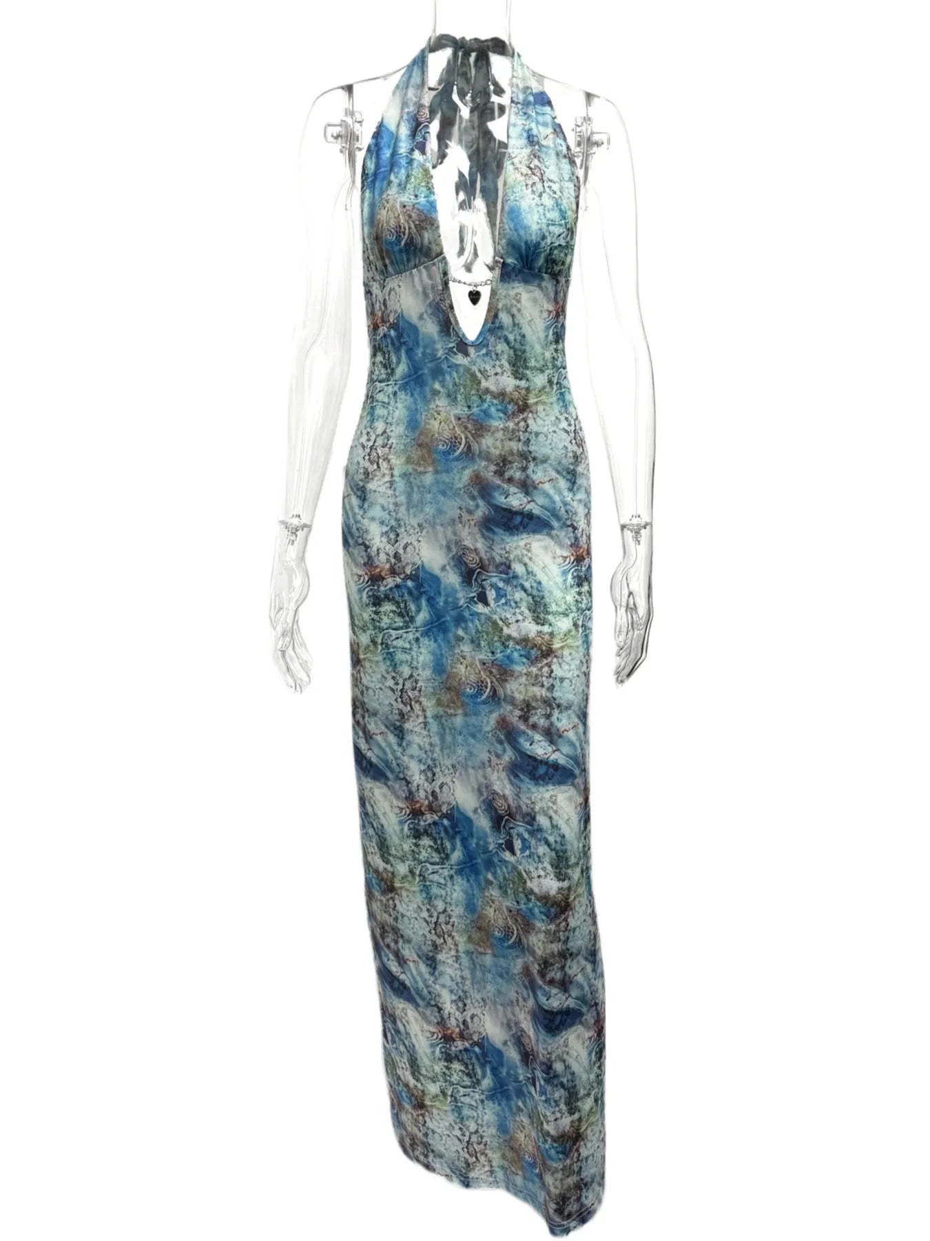 Printed V-Neck Halter Neck Maxi Dress - Thalia Chic