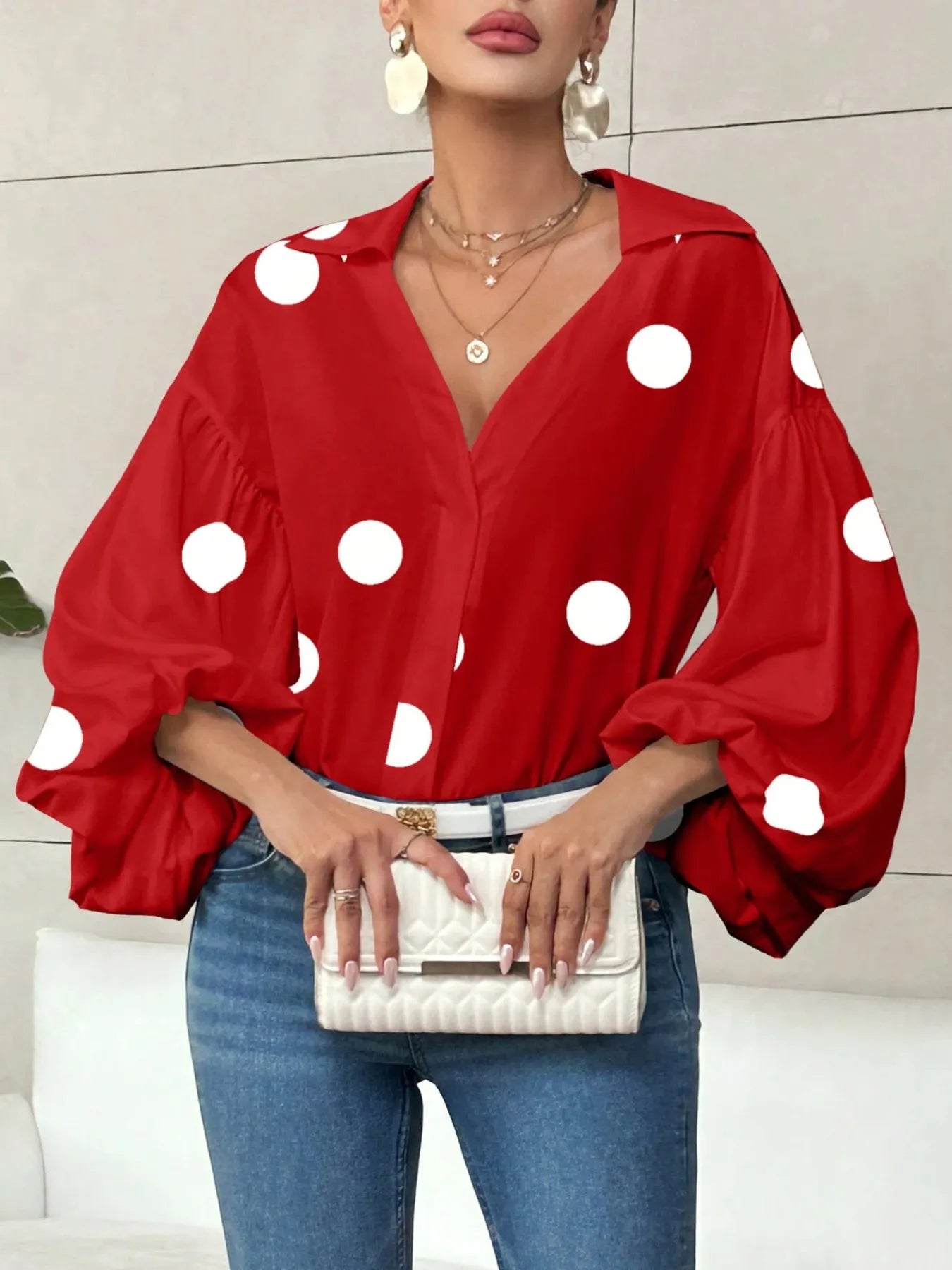 Polka Dot Balloon Sleeve Blouse - Thalia Chic