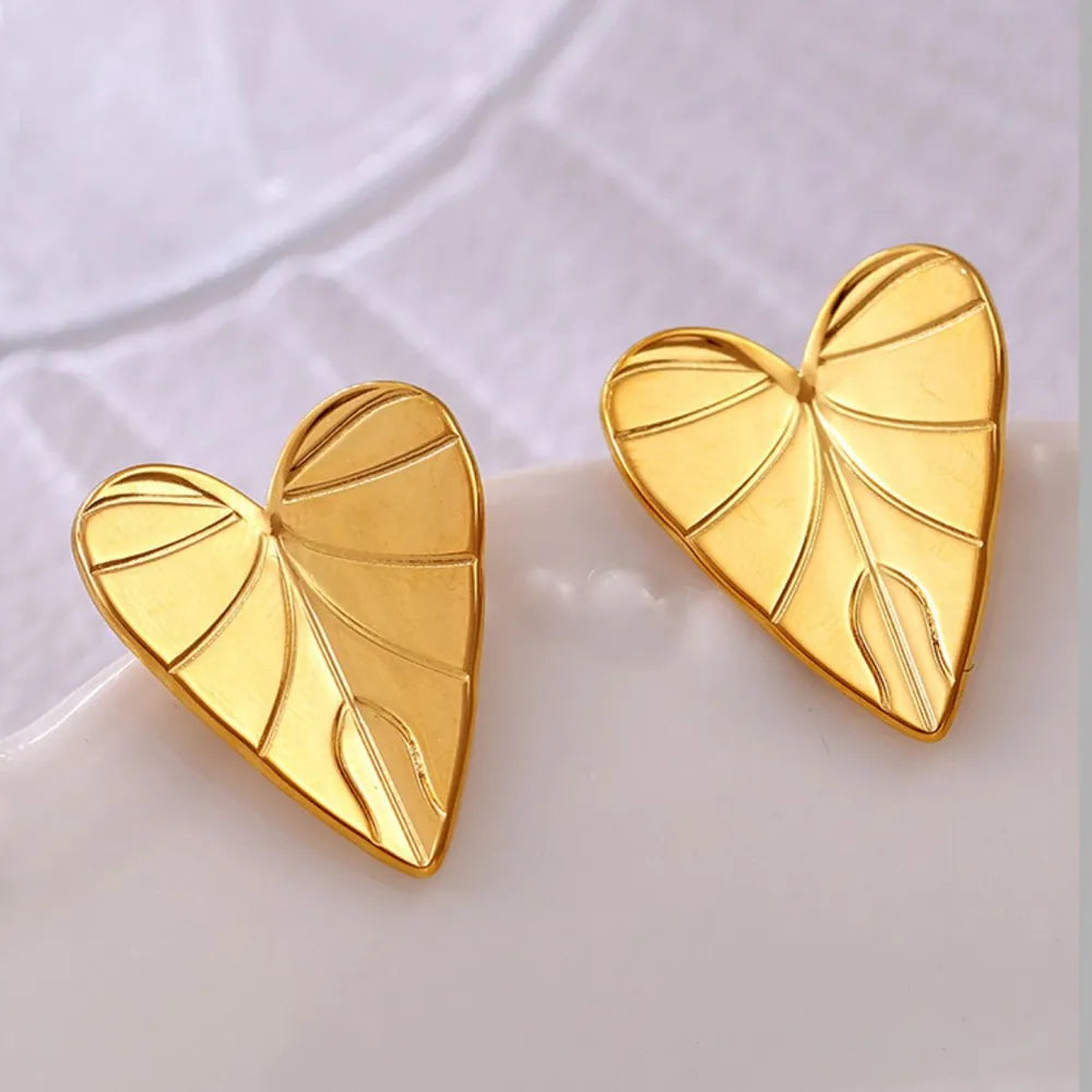 Stainless Steel Heart Leaf Stud Earring - Thalia Chic