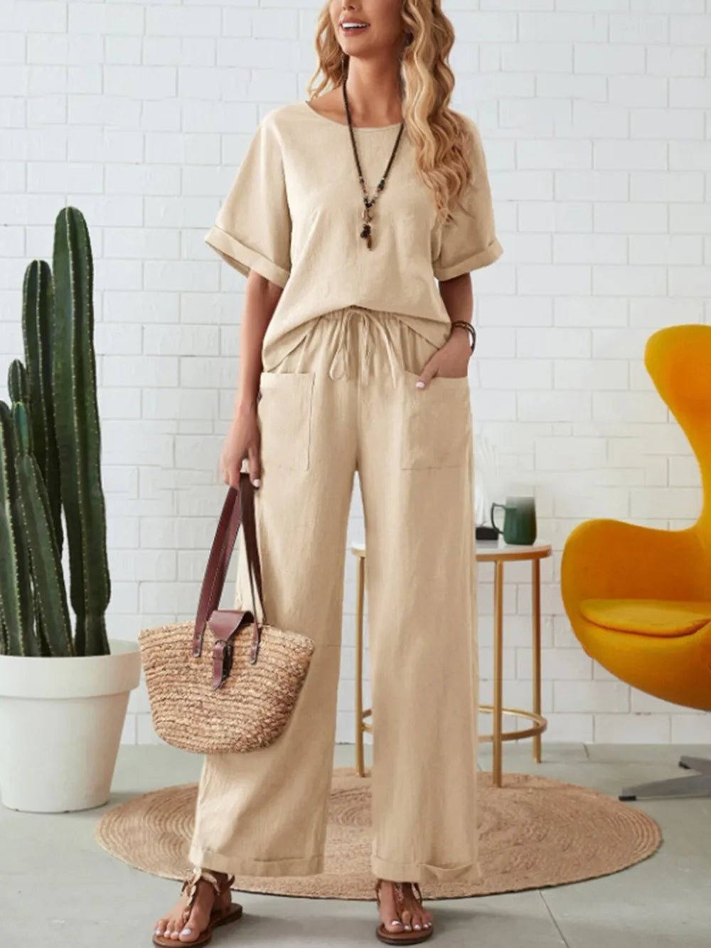 Round Neck Half Sleeve Top and Pocketed Pants Set - Thalia Chic