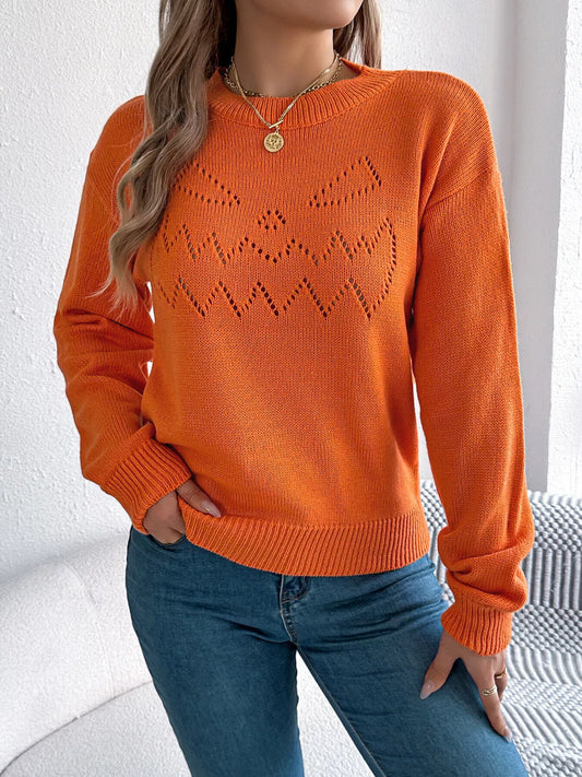 Openwork Round Neck Long Sleeve Sweater - Thalia Chic