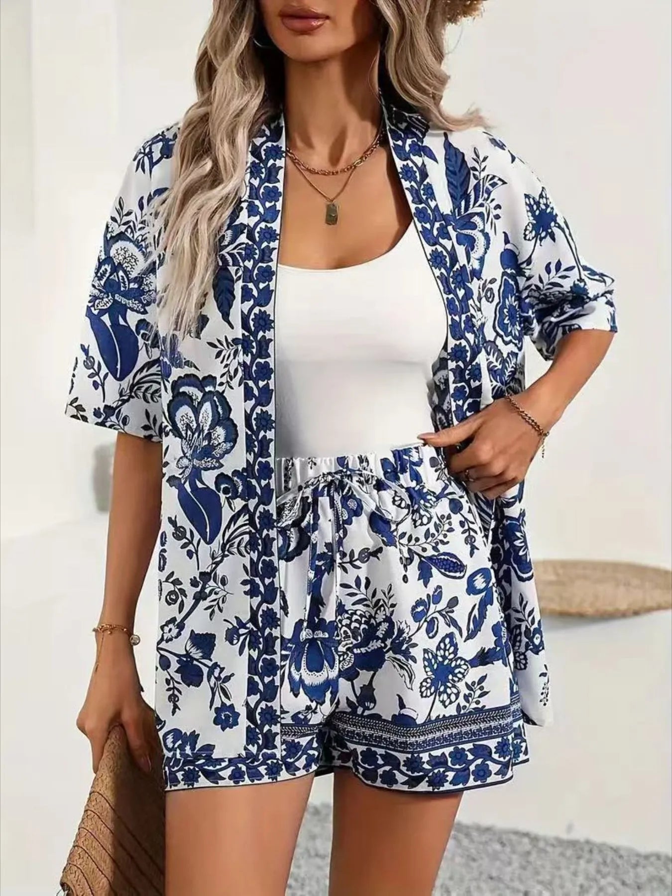 Printed Open Front Cardigan and Shorts Set - Thalia Chic